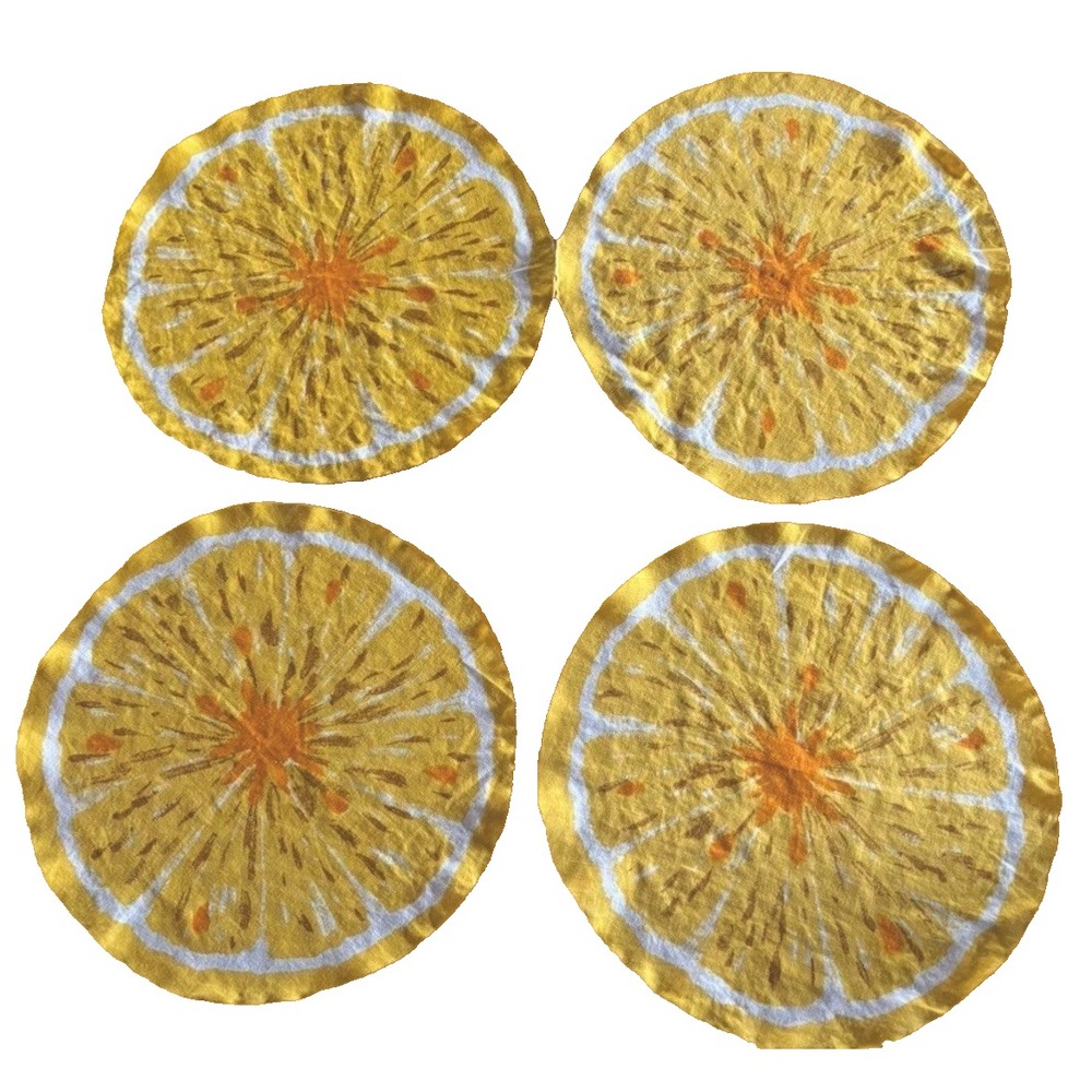 Set of 4 Vintage Lemon Slice Cloth Placemats or Napkins 16" Round MCM Linen